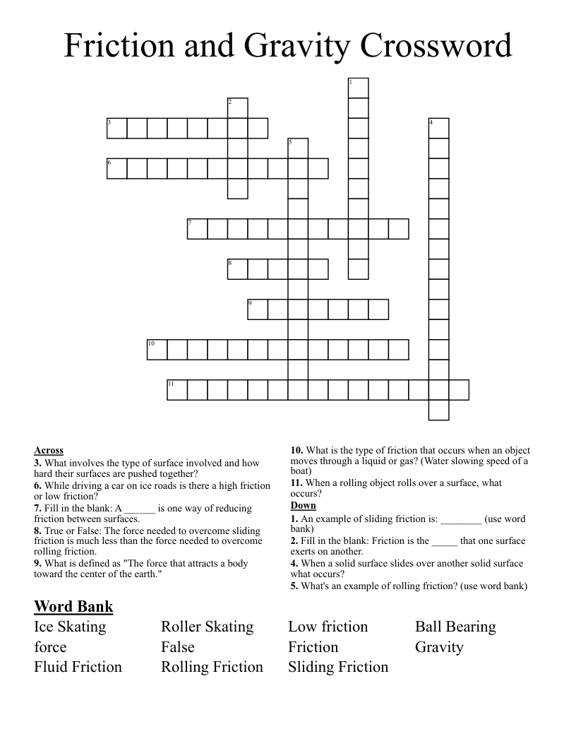 Friction and Gravity Crossword 