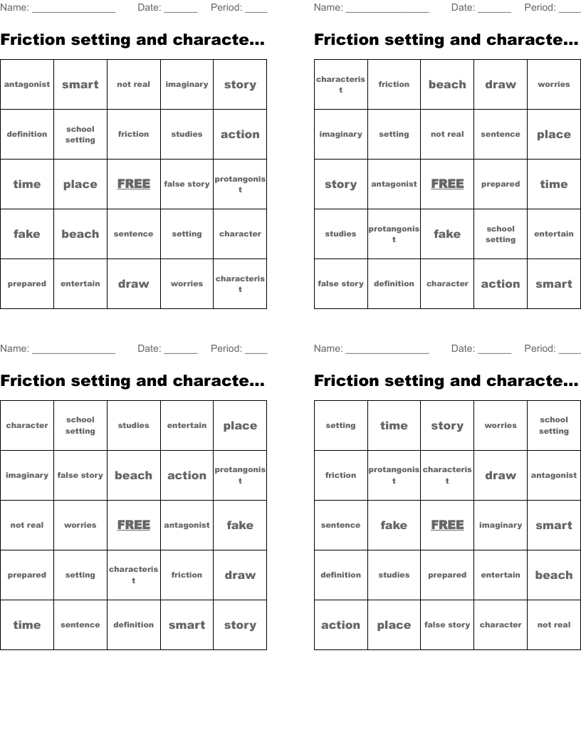 Friction setting and characteristics  Bingo Cards