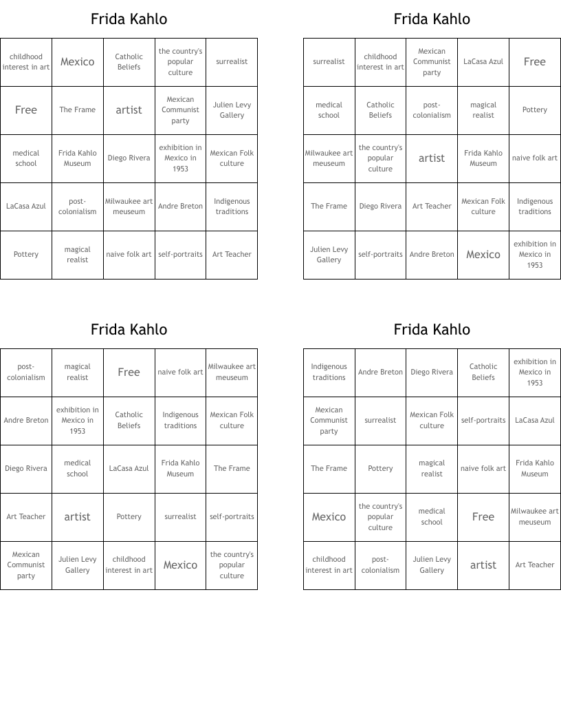 Frida Kahlo Bingo Cards