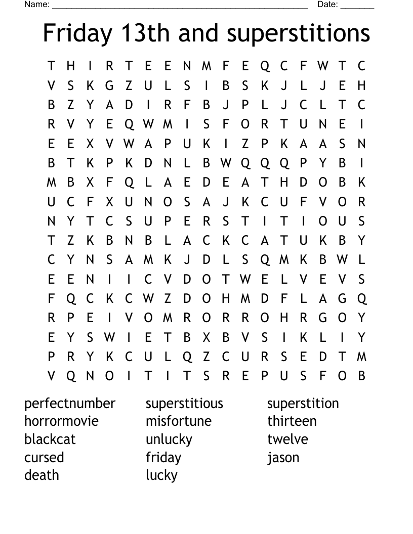 Friday 13th and superstitions Word Search