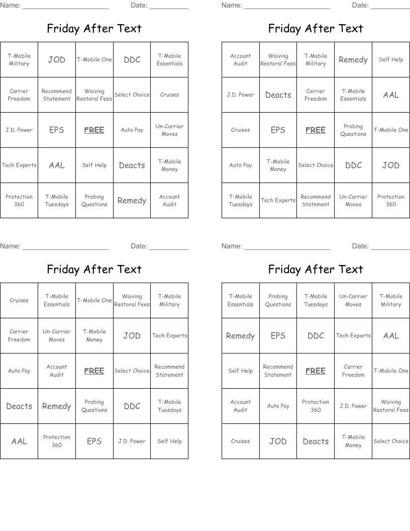 Friday After Text  Bingo Cards