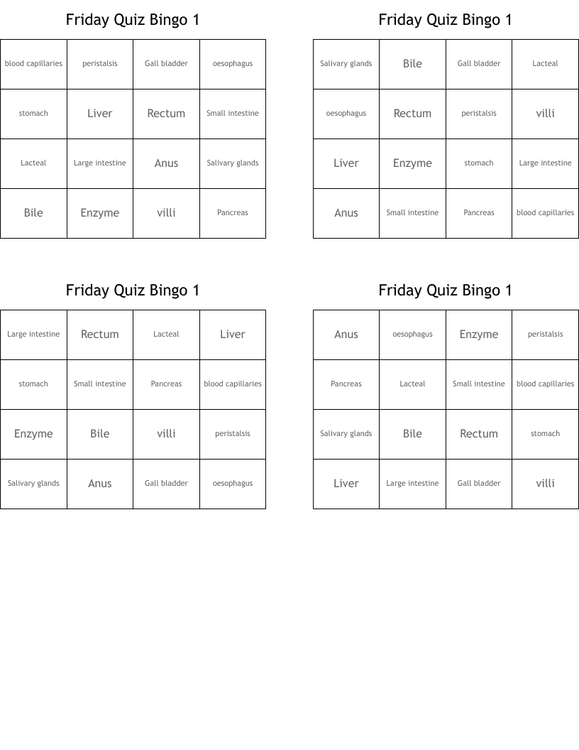 Friday Quiz Bingo 1