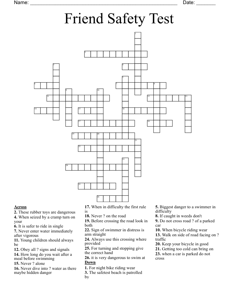 Friend Safety Test Crossword