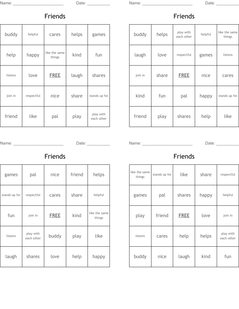 Friends Bingo Cards