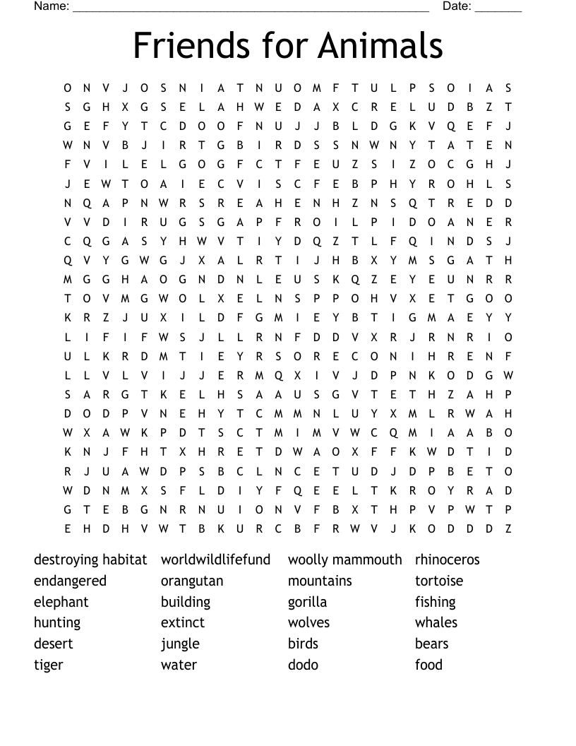 Friends for Animals Word Search