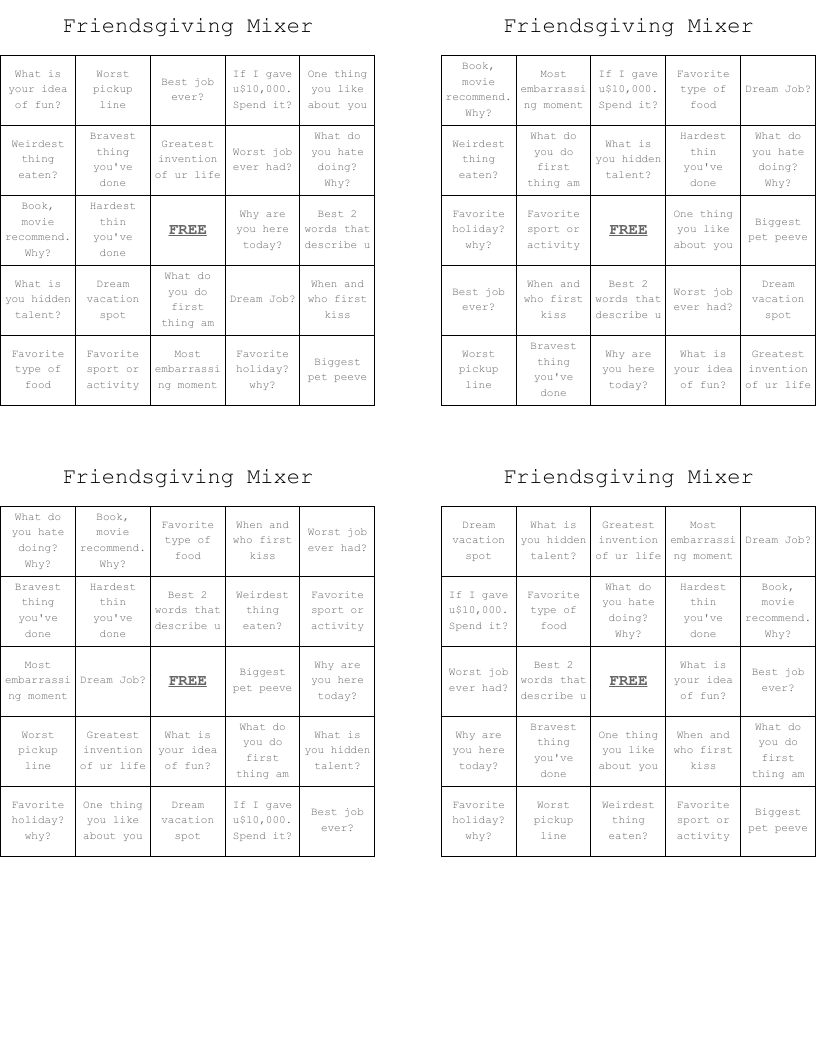 Friendsgiving Mixer Bingo Cards
