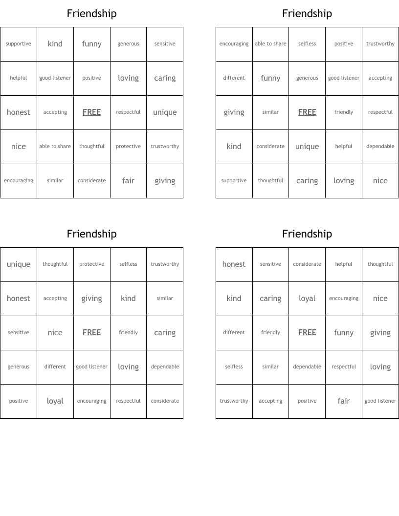Friendship Bingo Cards