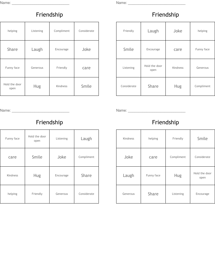 Friendship Bingo Cards