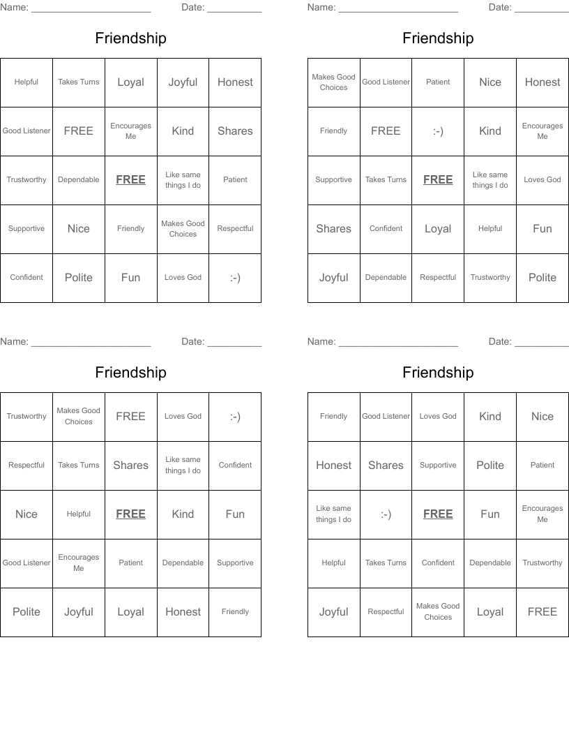 Friendship Bingo Cards