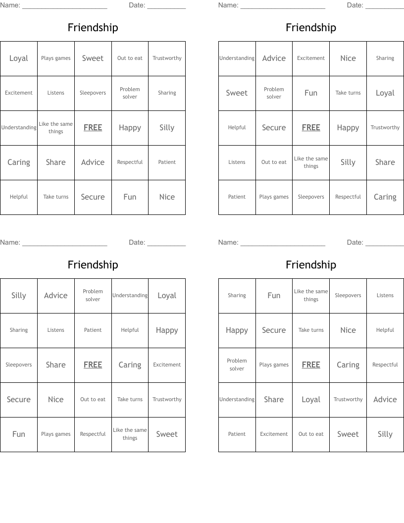 Friendship Bingo Cards