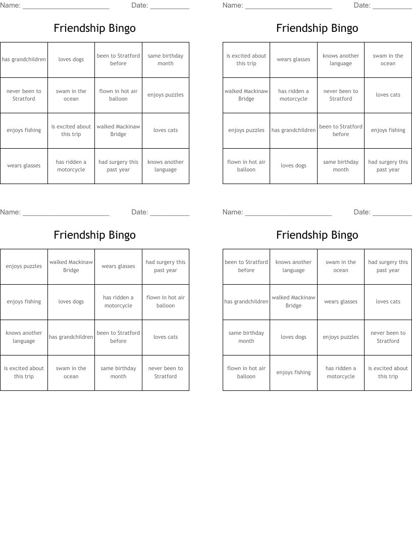 Friendship Bingo