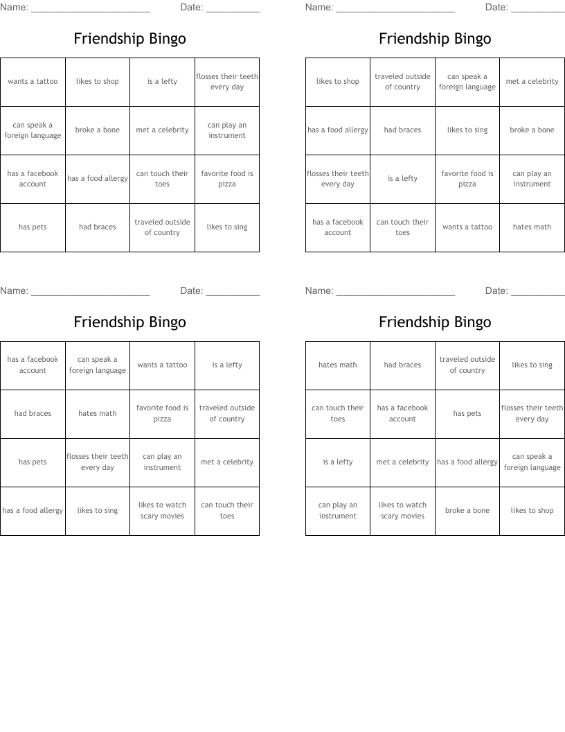 Friendship Bingo