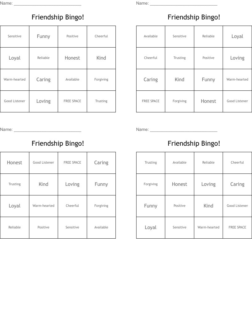 Friendship Bingo!