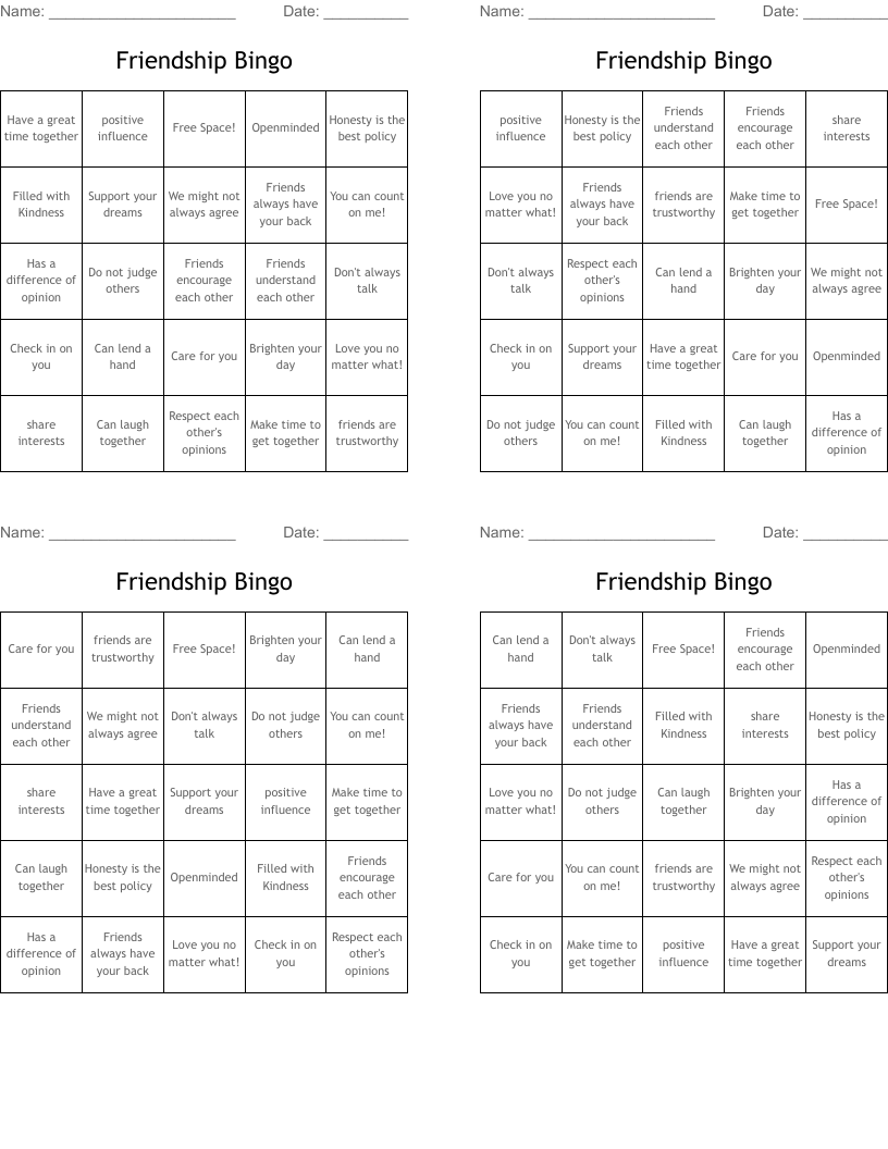 Friendship Bingo