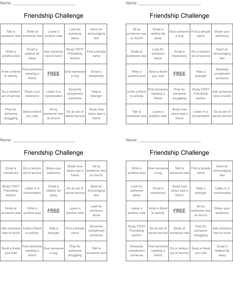 Friendship Challenge Bingo Cards