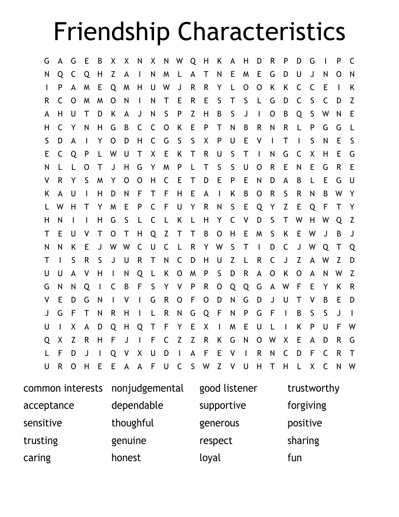 Friendship Characteristics Word Search