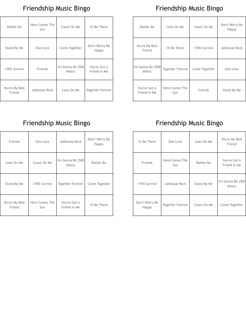 Friendship Music Bingo