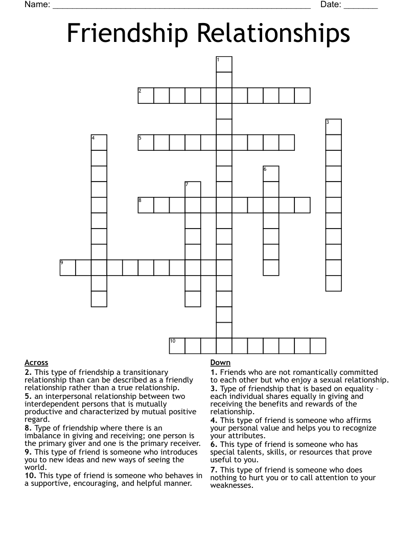 Friendship Relationships Crossword
