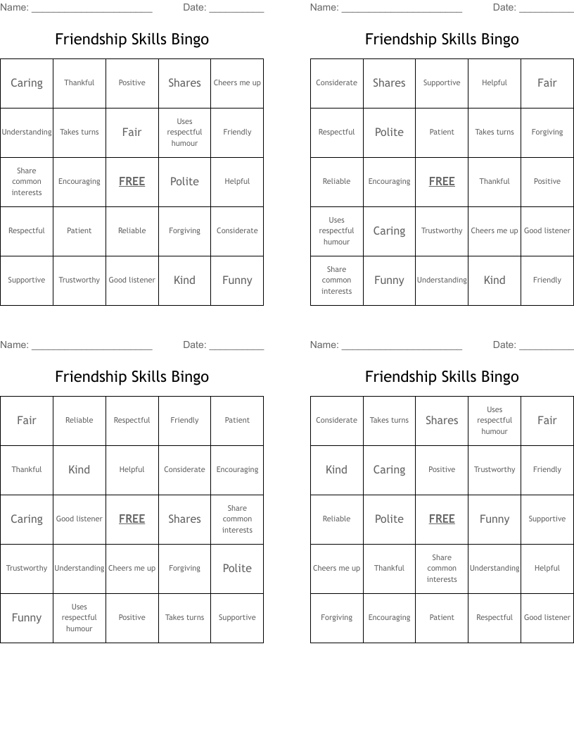 Friendship Skills Bingo