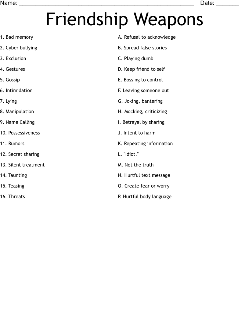 Friendship Weapons Worksheet