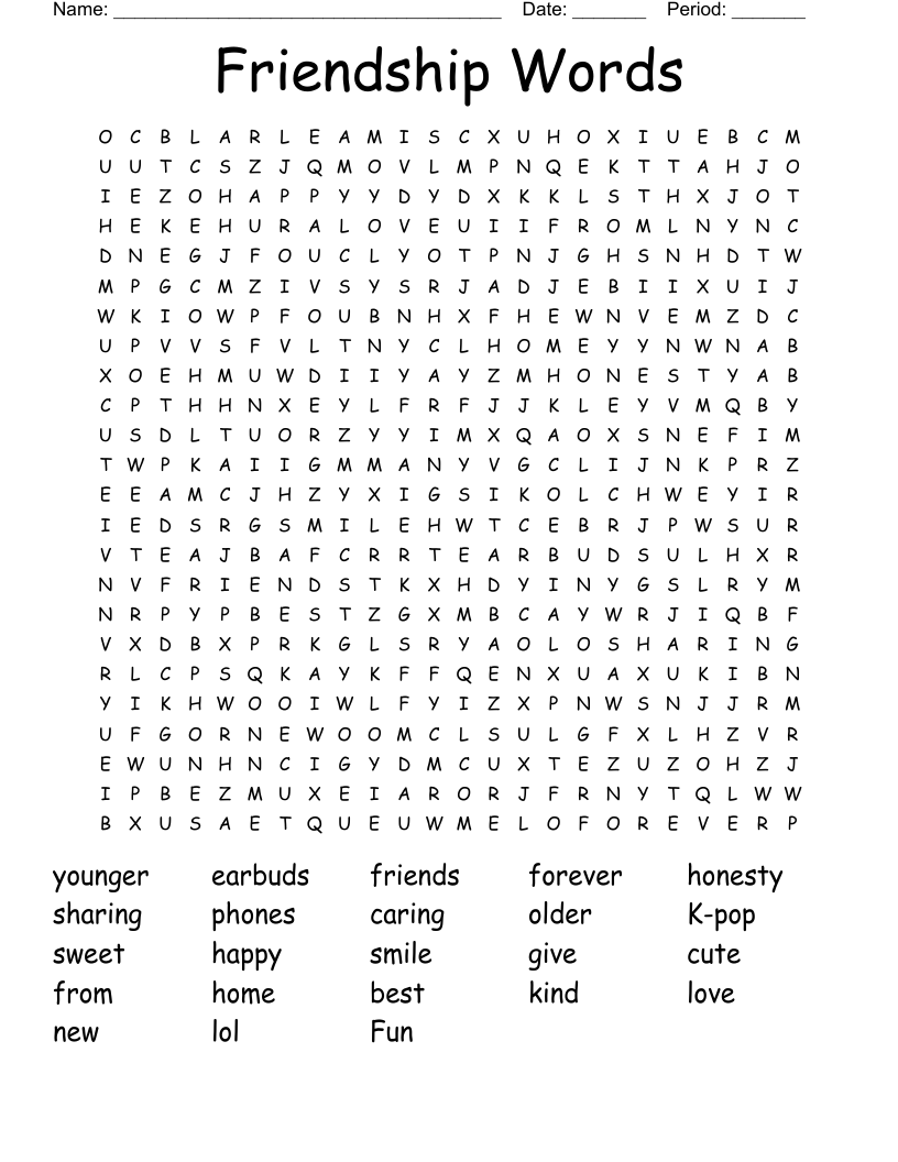 Friendship Words Word Search