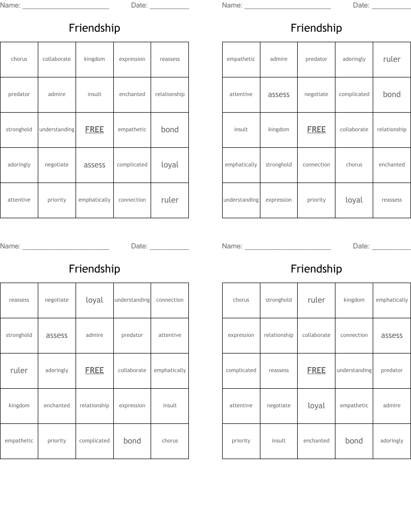 Friendship  Bingo Cards