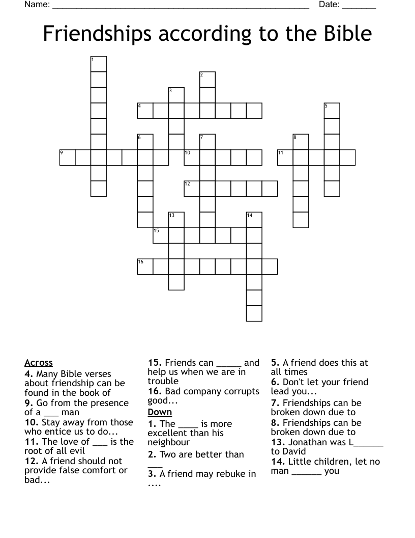 Friendships according to the Bible Crossword