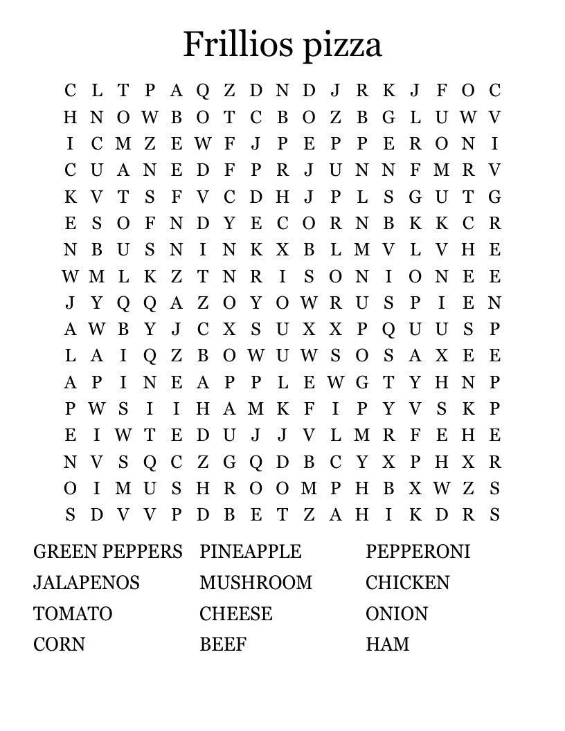 Frillios pizza Word Search