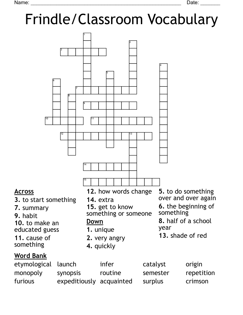Frindle/Classroom Vocabulary Crossword