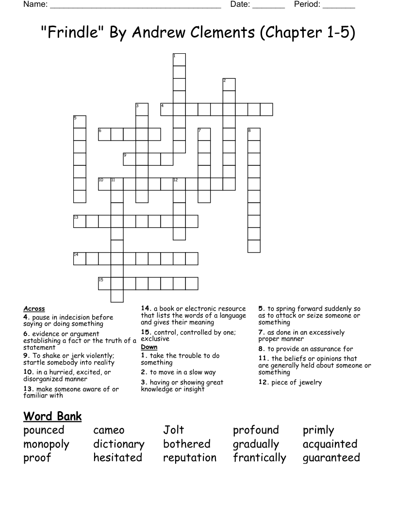 "Frindle" By Andrew Clements (Chapter 1-5) Crossword