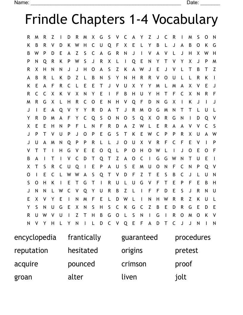 Frindle Chapters 1-4 Vocabulary Word Search