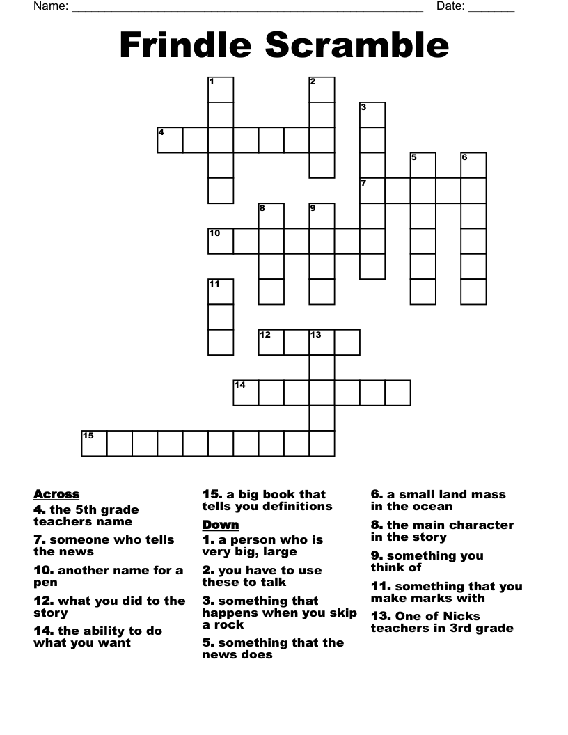 Frindle Scramble Crossword