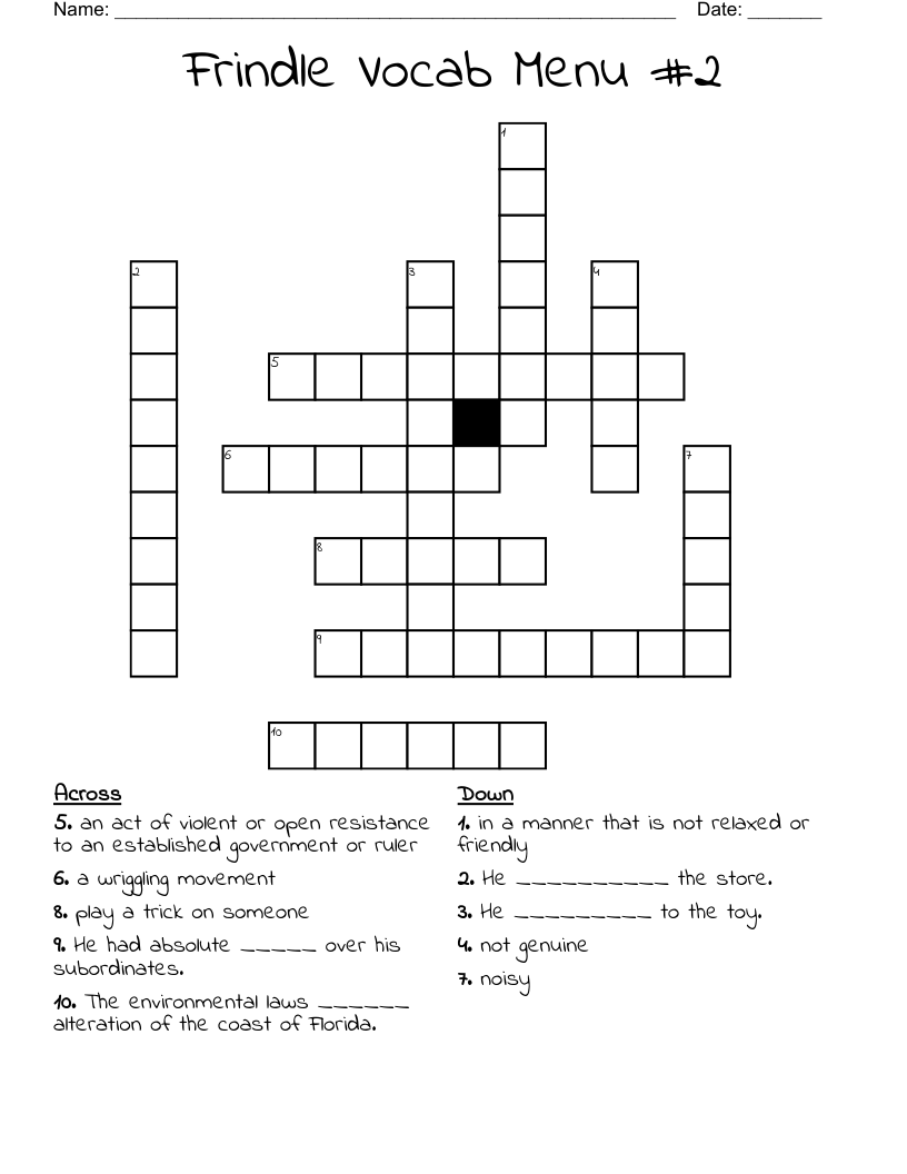 Frindle Vocab Menu #2 Crossword