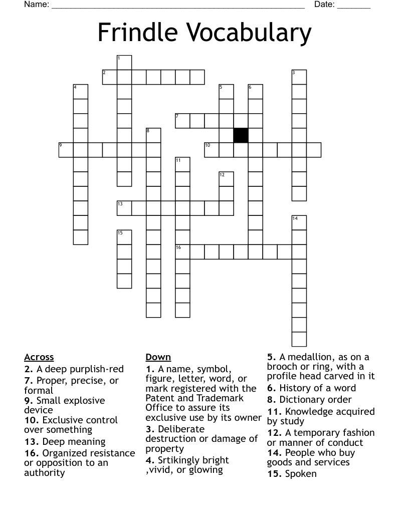 Frindle Vocabulary Crossword