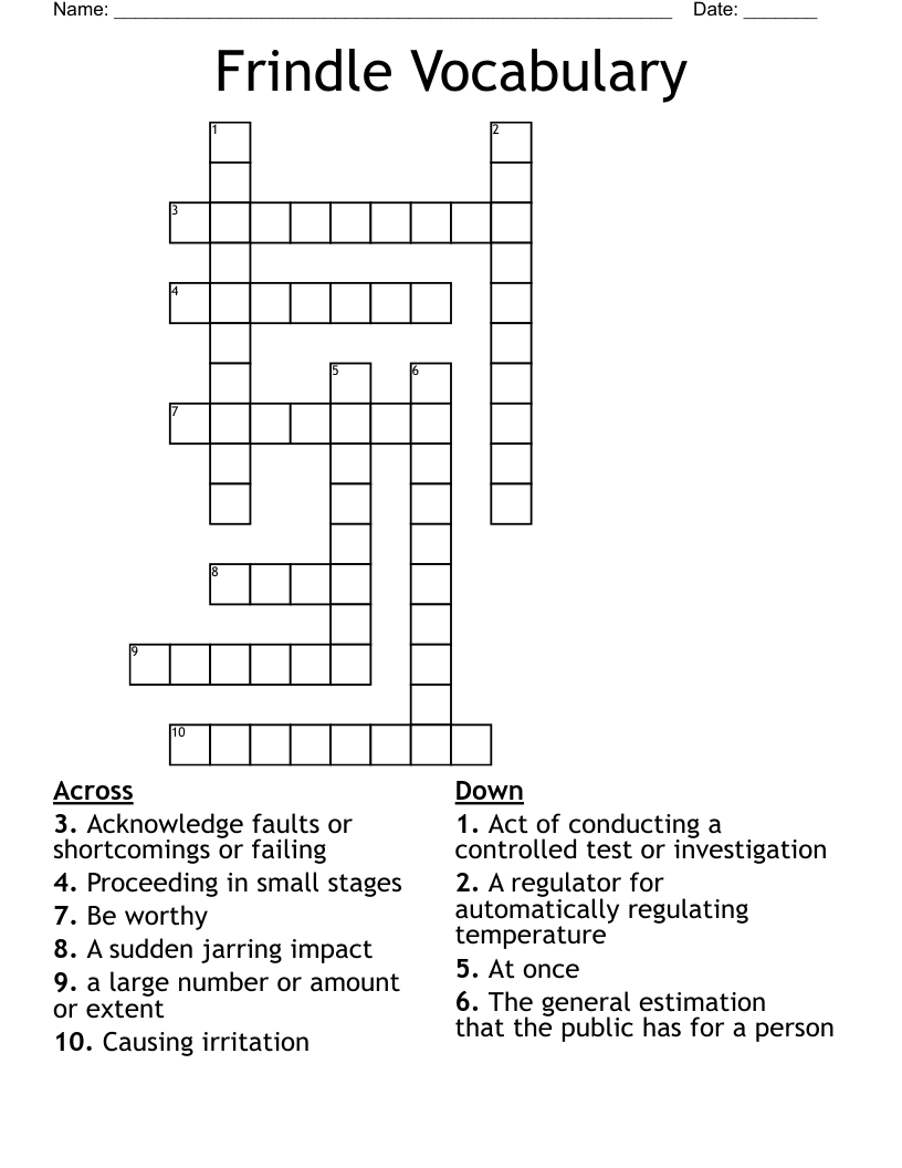 Frindle Vocabulary Crossword