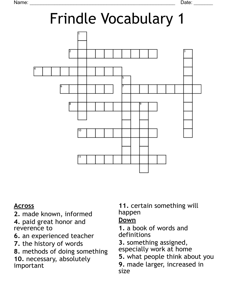 Frindle Vocabulary 1 Crossword