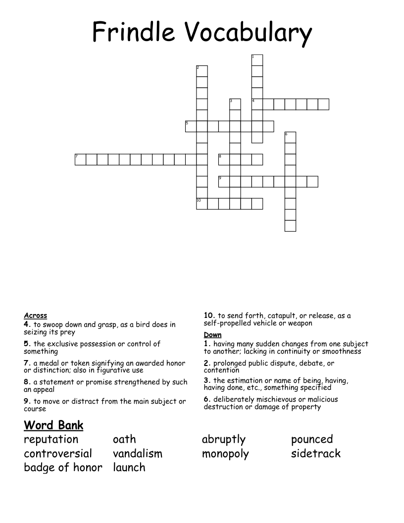 Frindle Vocabulary Crossword
