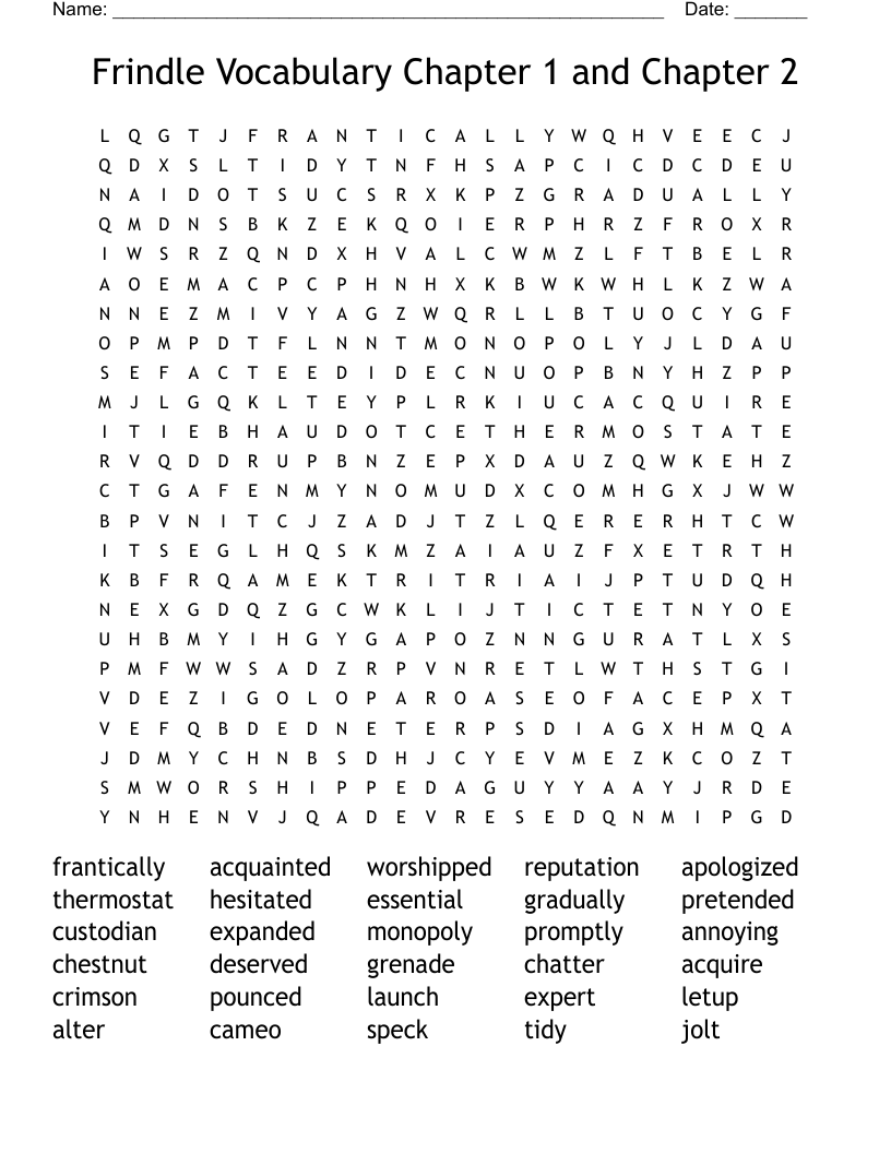 Frindle Vocabulary Chapter 1 and Chapter 2 Word Search