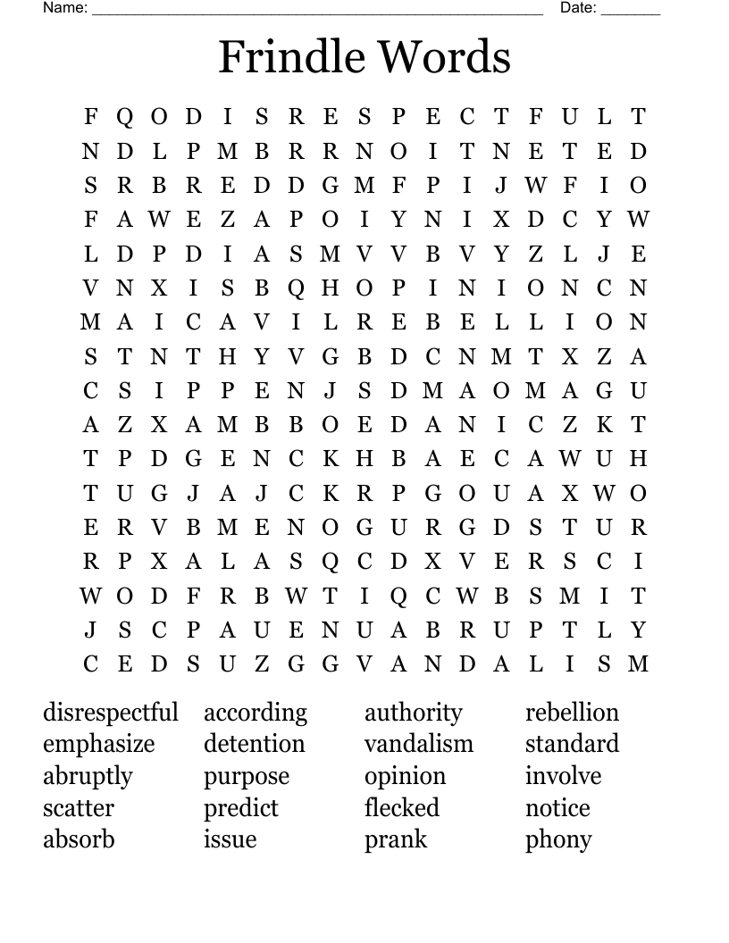 Frindle Words Word Search
