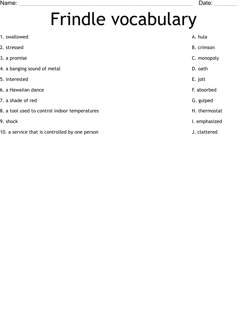 Frindle vocabulary Worksheet