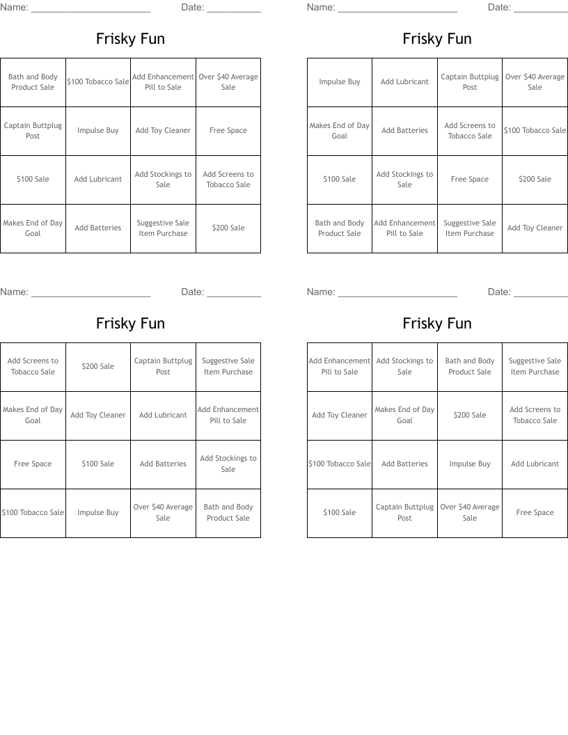 Frisky Fun Bingo Cards