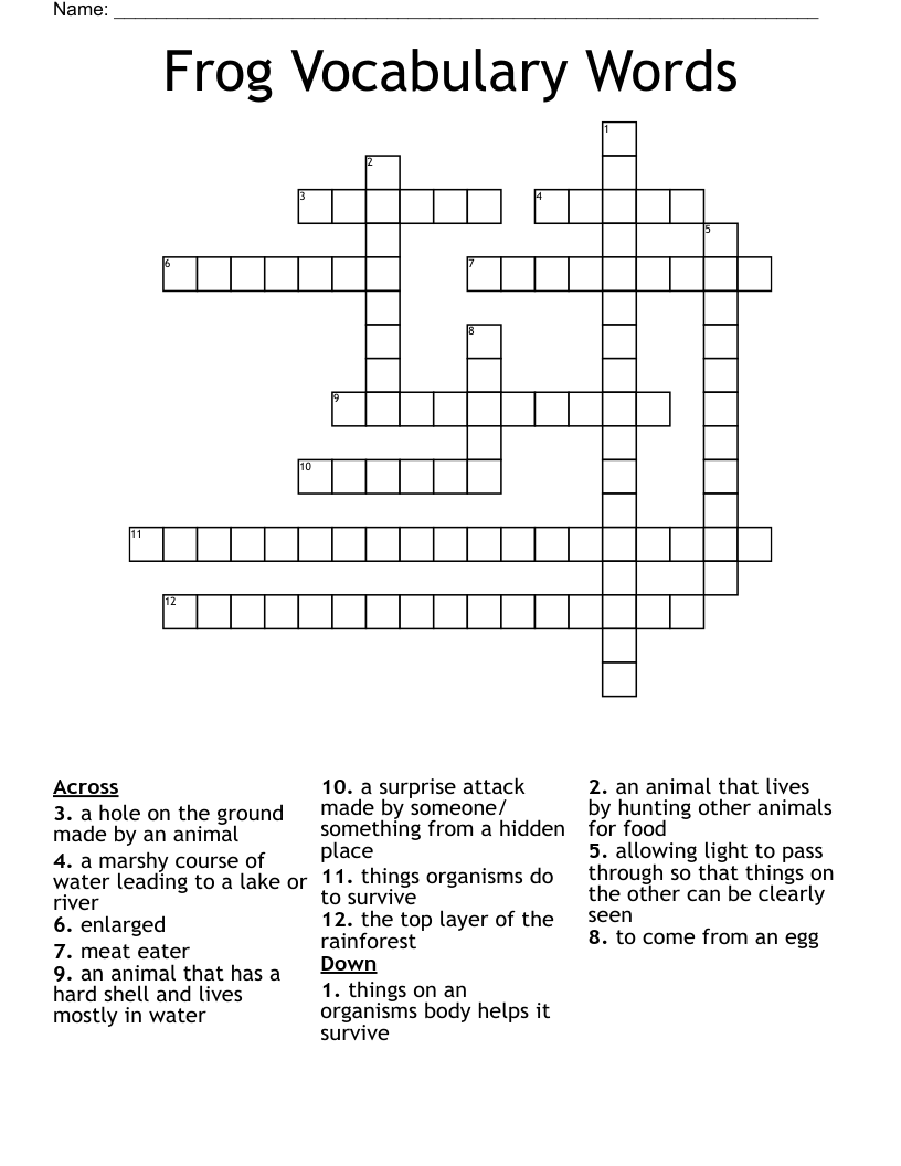 Frog Vocabulary Words Crossword