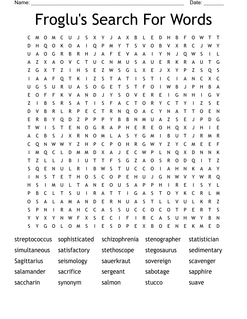Froglu's Search For Words Word Search