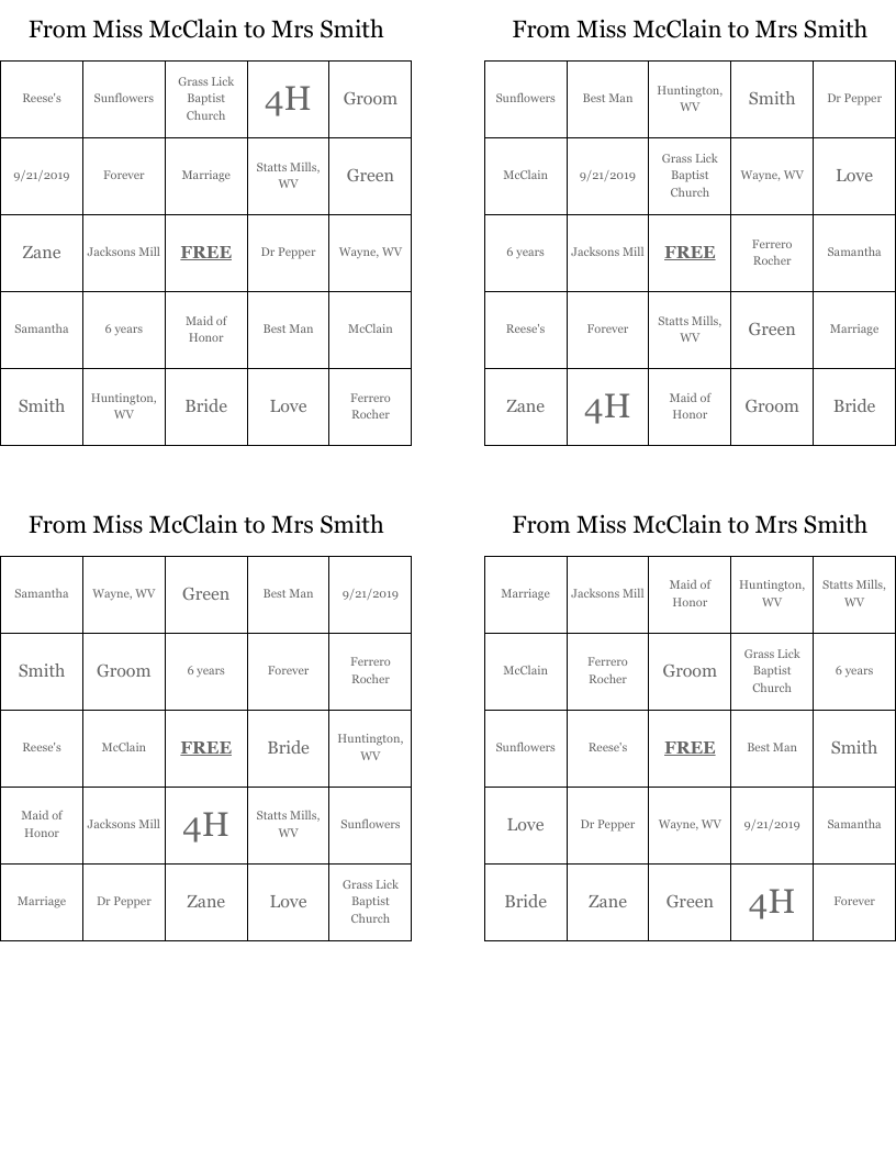 From Miss McClain to Mrs Smith Bingo Cards