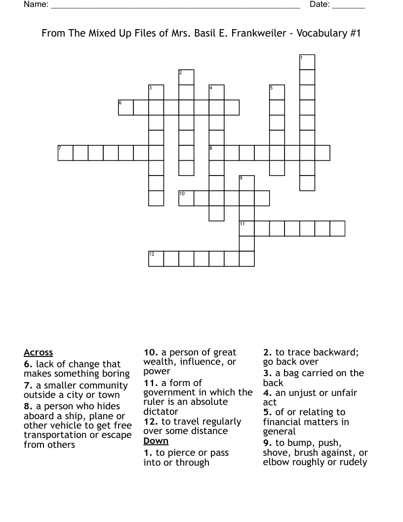 From The Mixed Up Files of Mrs. Basil E. Frankweiler - Vocabulary #1 Crossword