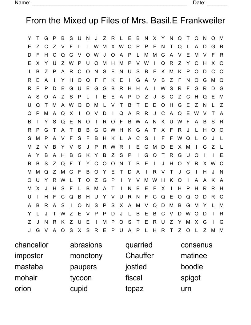 From the Mixed up Files of Mrs. Basil.E Frankweiler Word Search