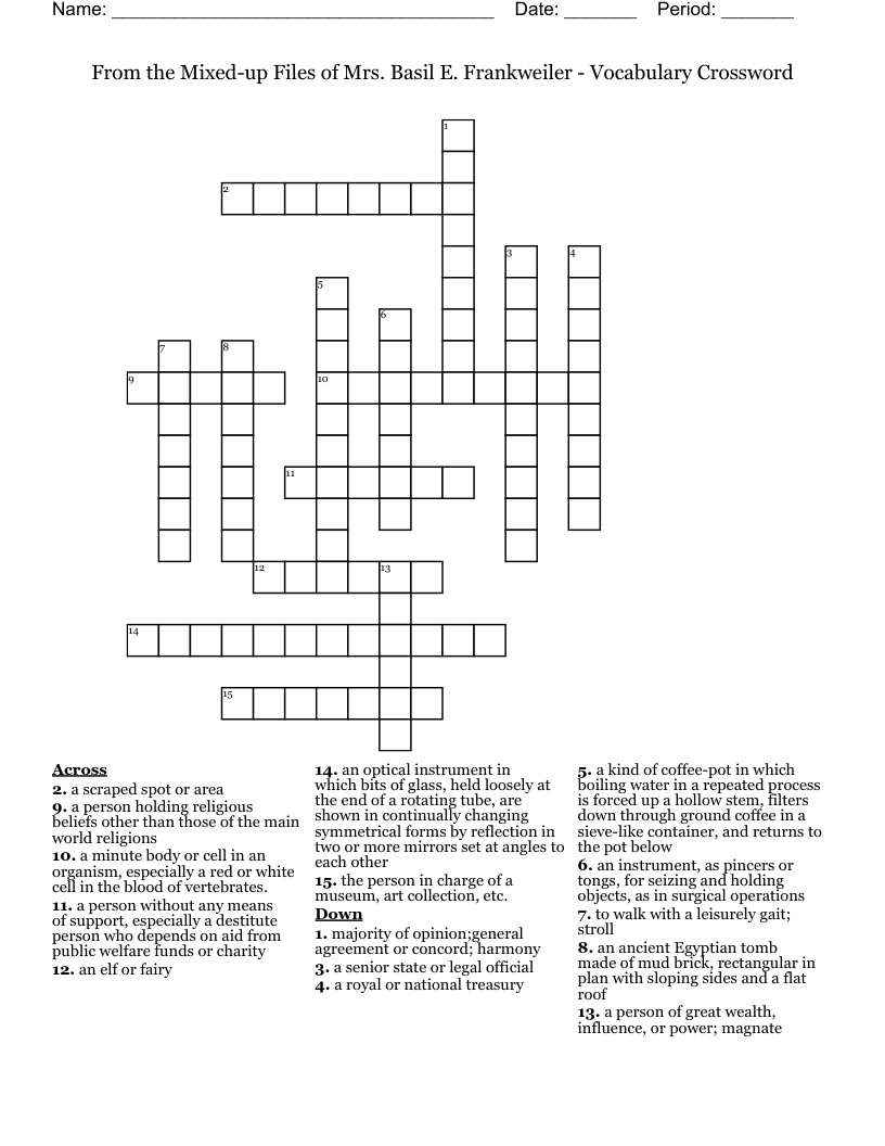 From the Mixed-up Files of Mrs. Basil E. Frankweiler - Vocabulary Crossword