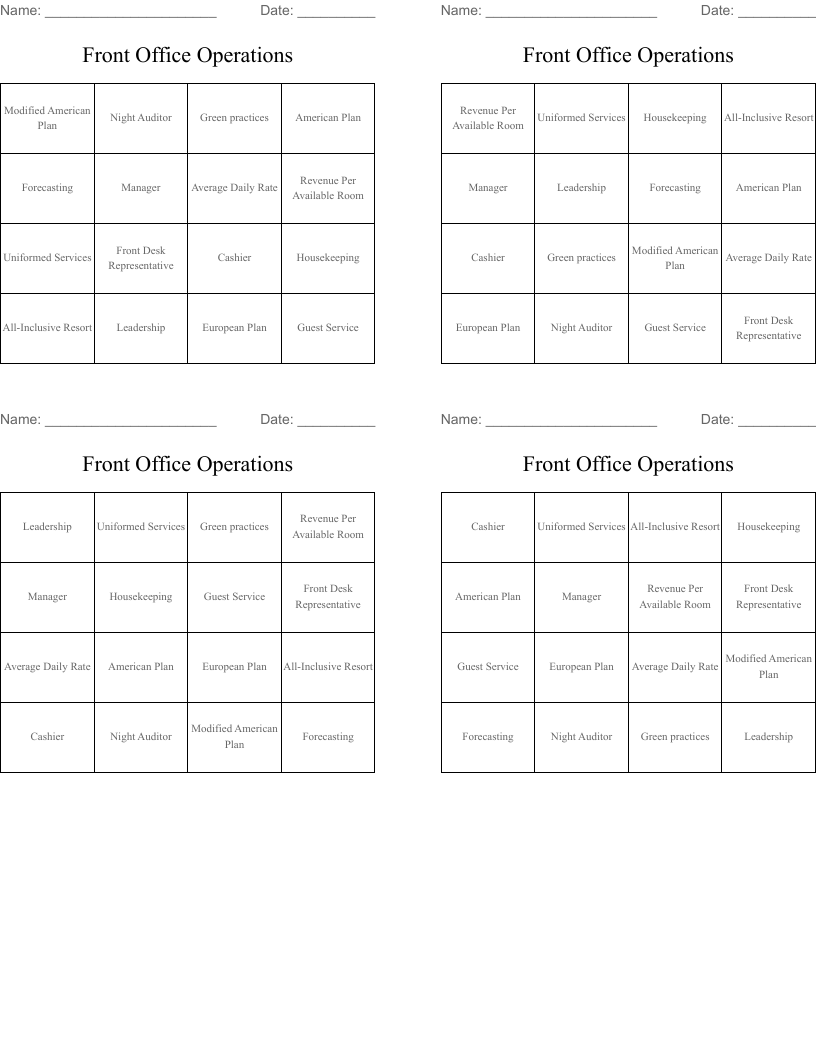 Front Office Operations Bingo Cards