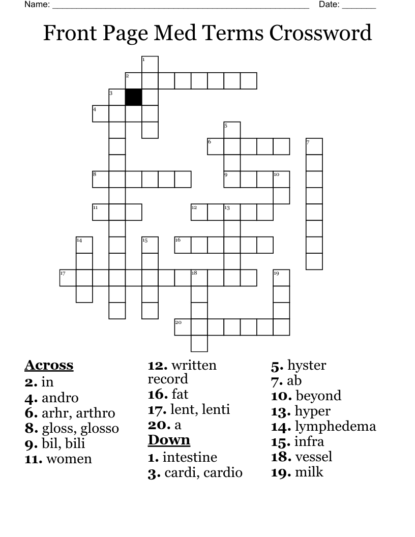 Front Page Med Terms Crossword
