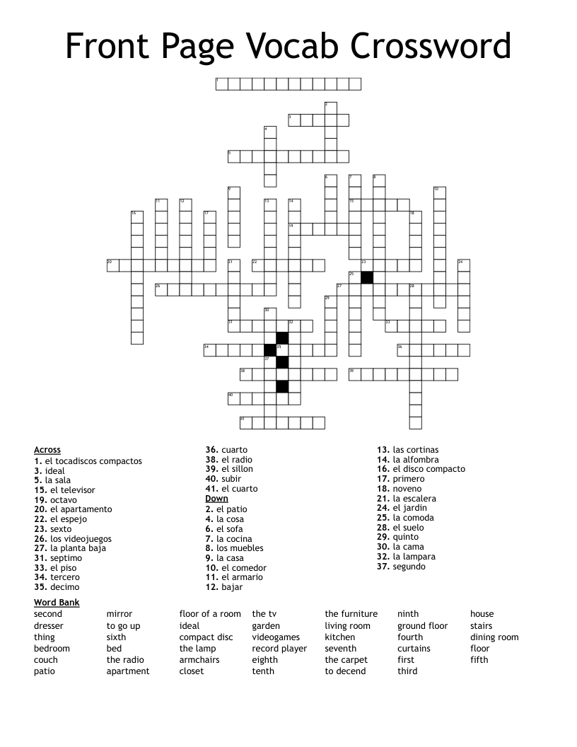 Front Page Vocab Crossword 